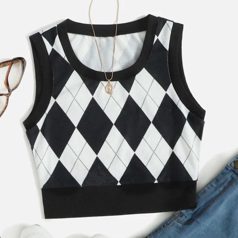 Black and White Argyle Women's Top
